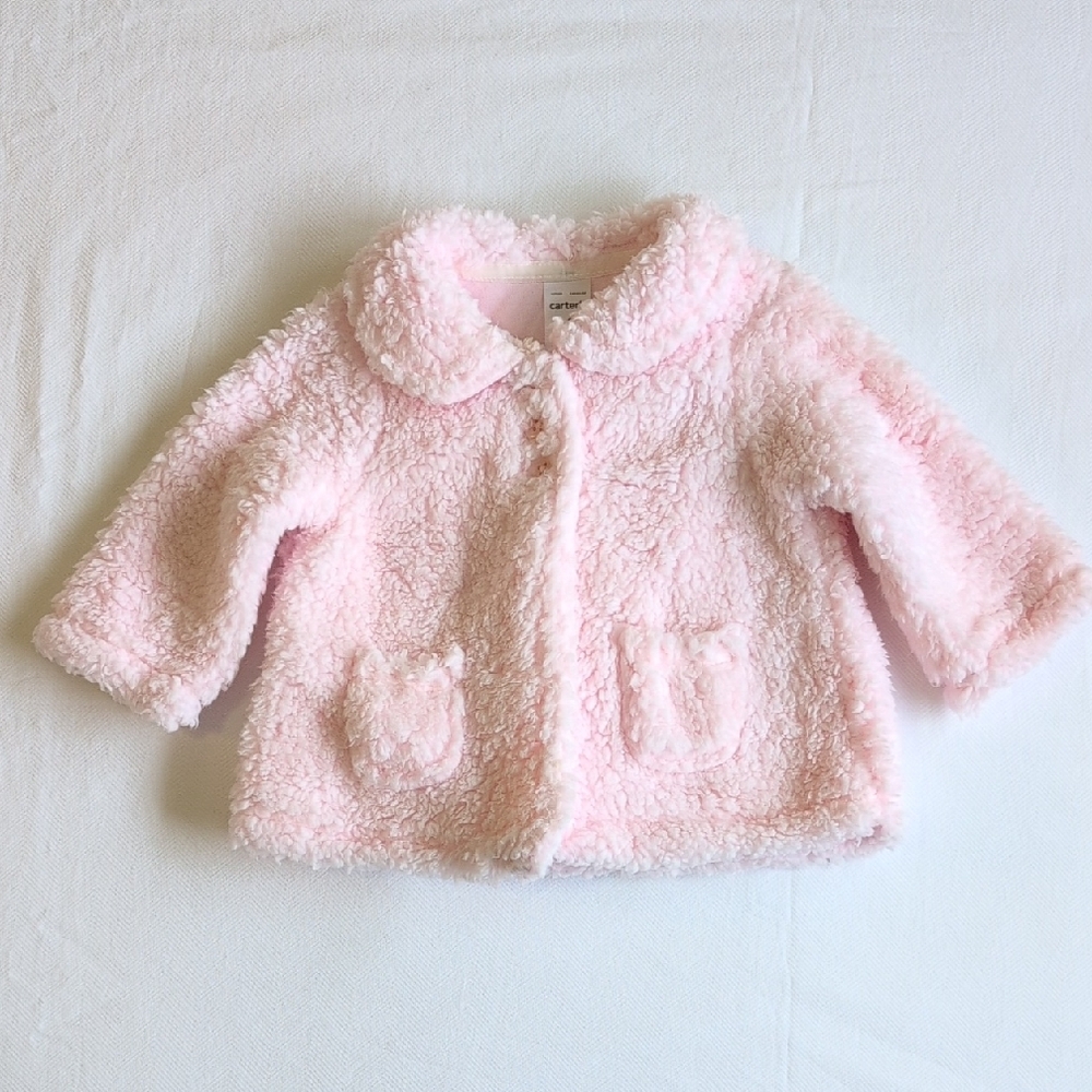 carter's fluffy fleece pink teddy pea coat jacket with peter pan collar 6 months